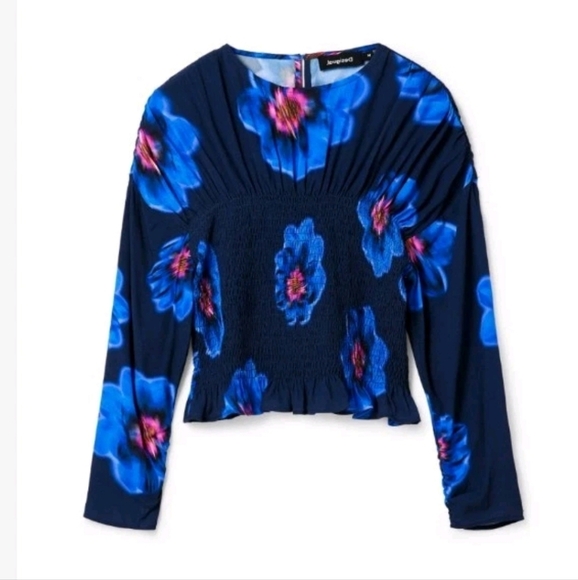 Desigual Womens Blue Ruched Ruffled Blouse M - Picture 1 of 16